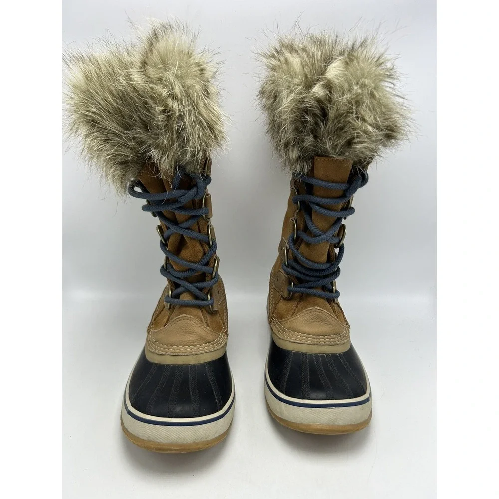 Sorel Snow Boots Womens 5.5 Joan Arctic Tall Tan Suede Navy Waterproof Faux Fur